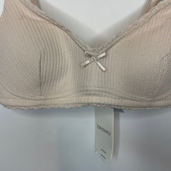 Oysho Bra Bandeau 32B Nude Beige Ribbed Cotton Blend Wireless Comfort Womens NWT - Picture 3 of 6